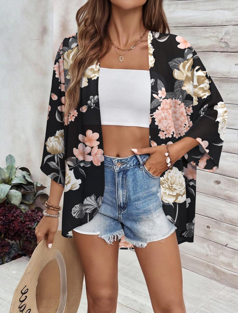 BB&KK Women's Chiffon Floral Kimono Cover Ups Tops Summer Lightweight Sheer Thin Cardigans Beach Boho Hawaiian Shirts Black Small - Image 4